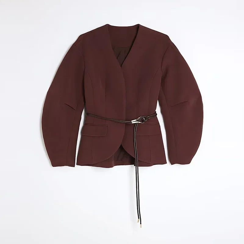 Fashion Plaid Jacket Trouser Suits Women V-neck Belt Long Puff Sleeve Coat Wide Leg Pants 2025 Autumn Chic Lady Two Piece Sets