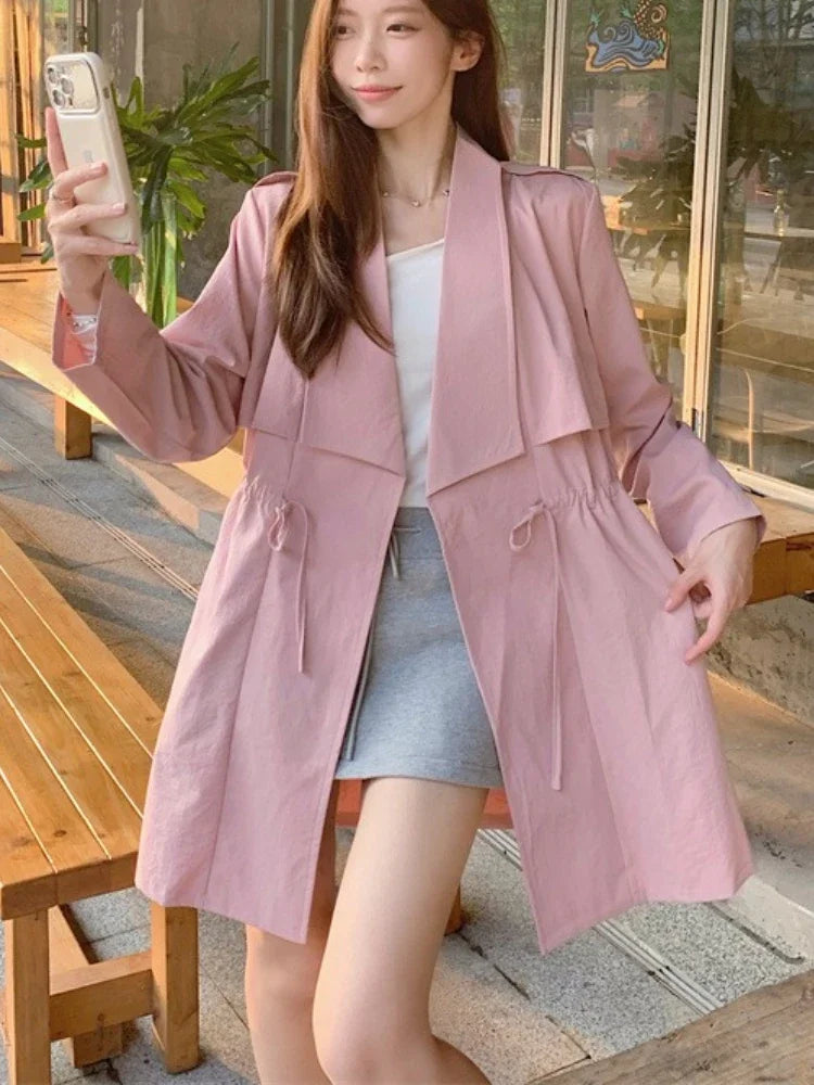 Plus Size Versatile Coat Women's Trench Coat 2025 Spring Autumn Elegant Korean Version Drawstring Casual Windbreaker Jacket