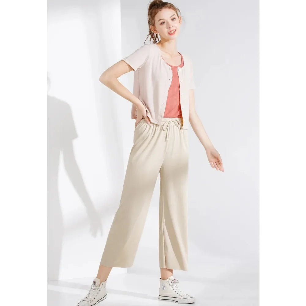 2026 Women Ankle-Length Wide Leg Pants Casual Summer Solid Elastic Waist Loose Ice Silk Pants Spring Summer Female Trousers