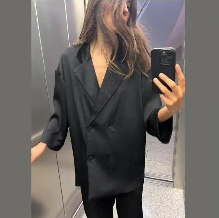 European and American Style 2024 Spring and Summer New Women's Clothing Wrinkle Effect Double Breasted Suit Jacket Pants Set