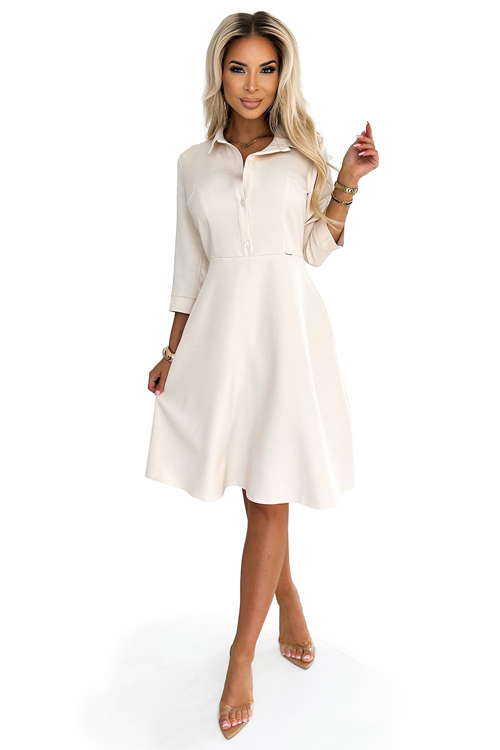 Numoco 286-7 SANDY Flared shirt dress with a belt - beige