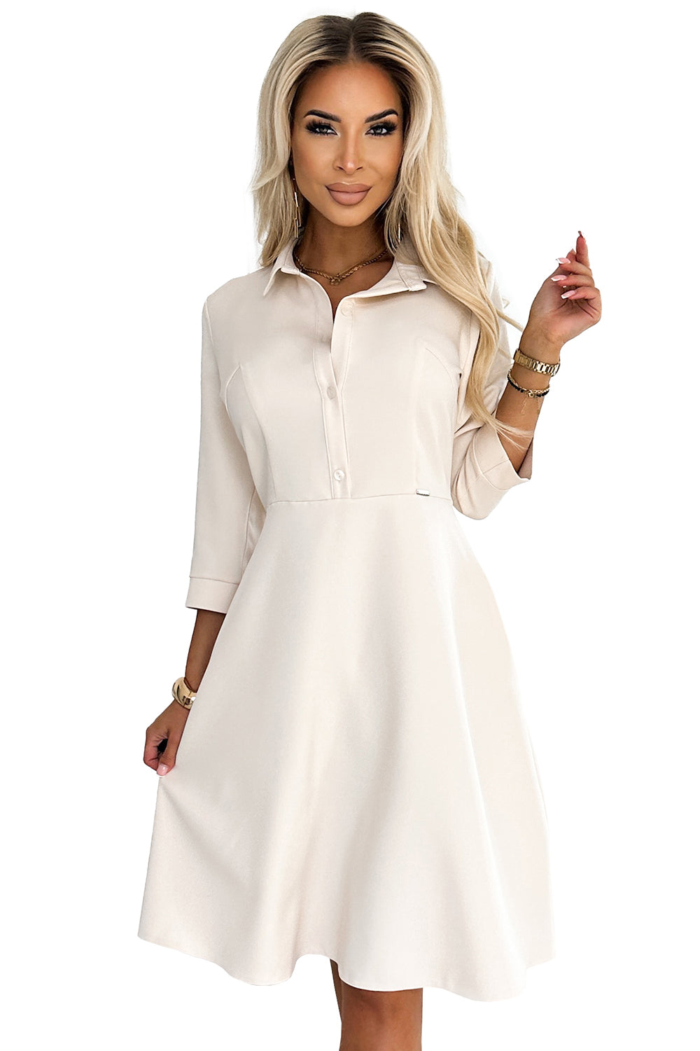 Numoco 286-7 SANDY Flared shirt dress with a belt - beige