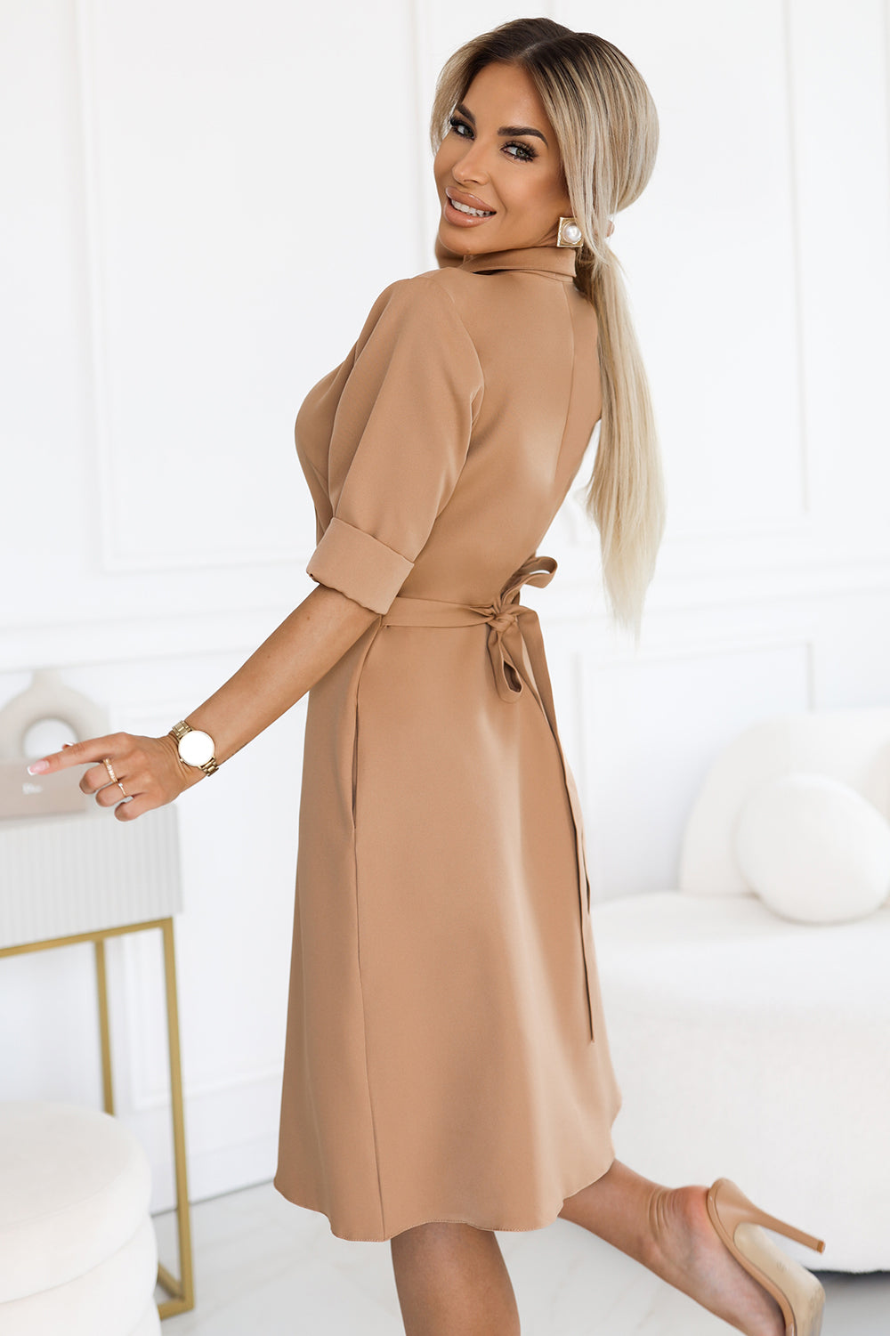 Numoco 286-8 SANDY Flared shirt dress with belt - MOCHA MOUSSE