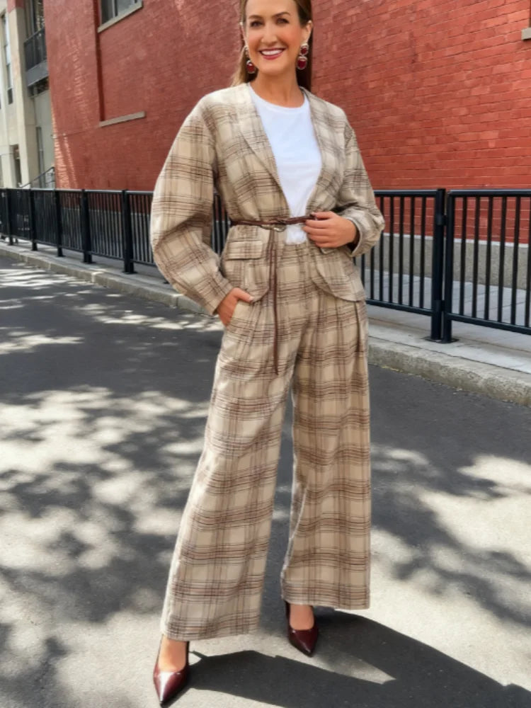 Fashion Plaid Jacket Trouser Suits Women V-neck Belt Long Puff Sleeve Coat Wide Leg Pants 2025 Autumn Chic Lady Two Piece Sets