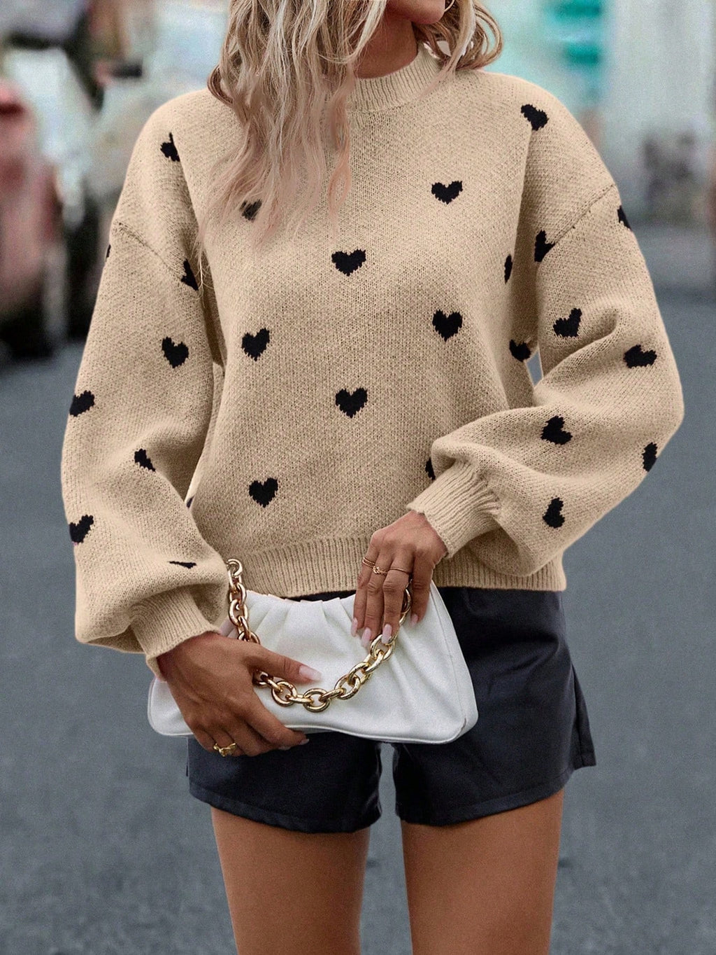 LUNE Heart Patterned Dropped Shoulder Casual Sweater, Autumn/Winter Knit Pullover Fall Outfit