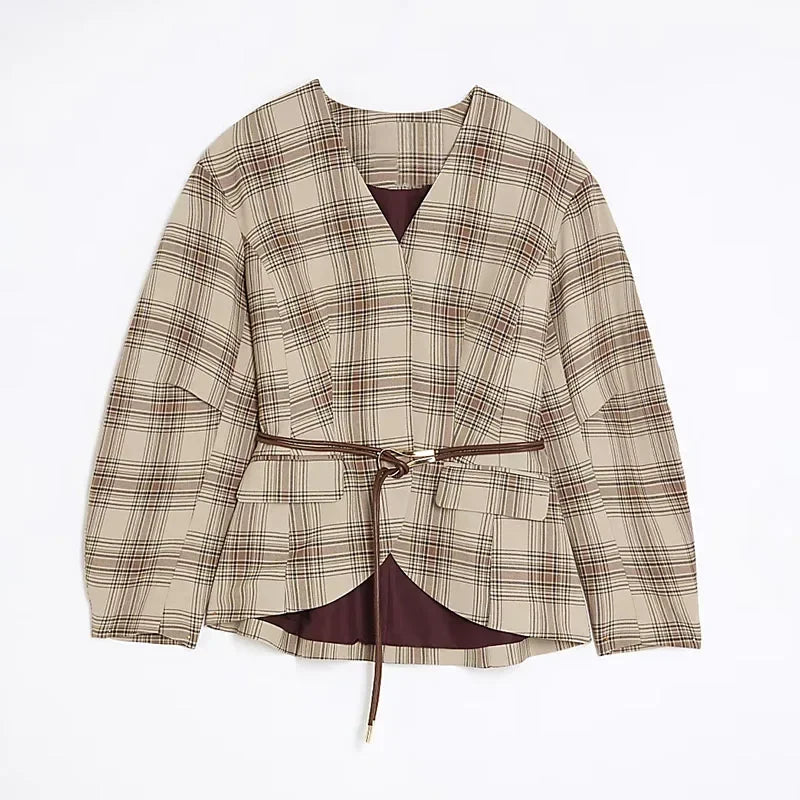 Fashion Plaid Jacket Trouser Suits Women V-neck Belt Long Puff Sleeve Coat Wide Leg Pants 2025 Autumn Chic Lady Two Piece Sets