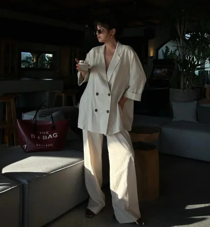 European and American Style 2024 Spring and Summer New Women's Clothing Wrinkle Effect Double Breasted Suit Jacket Pants Set