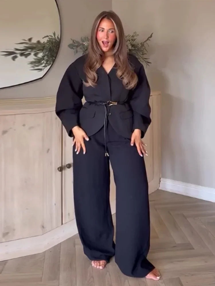 Fashion Plaid Jacket Trouser Suits Women V-neck Belt Long Puff Sleeve Coat Wide Leg Pants 2025 Autumn Chic Lady Two Piece Sets