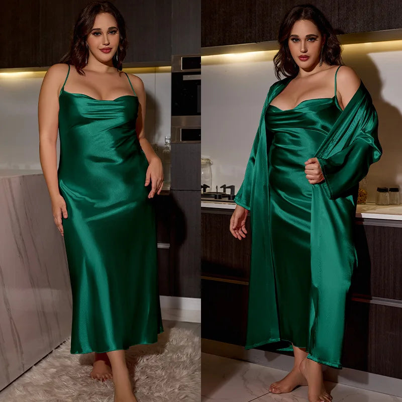 Big Size Women Nightwear Long Dress and Bathrobe Set for Ladies Pajamas Spring Summer Sexy Comfortable Home Wear Plus Size 2pcs