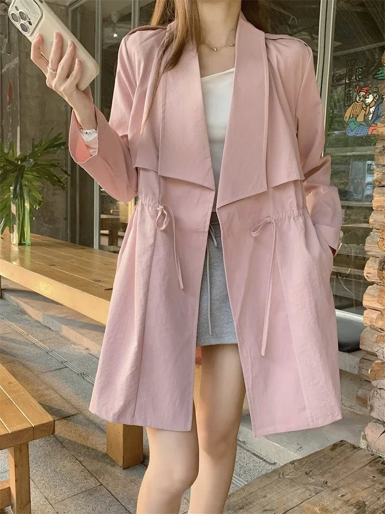 Plus Size Versatile Coat Women's Trench Coat 2025 Spring Autumn Elegant Korean Version Drawstring Casual Windbreaker Jacket