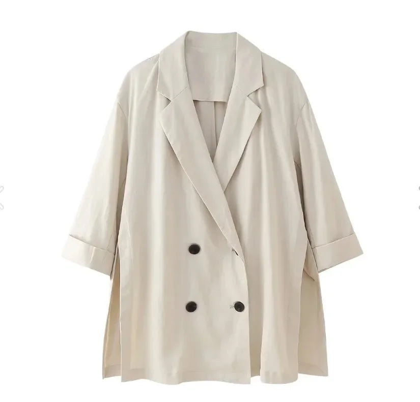 European and American Style 2024 Spring and Summer New Women's Clothing Wrinkle Effect Double Breasted Suit Jacket Pants Set