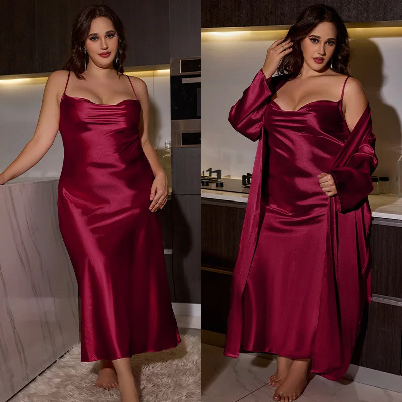 Big Size Women Nightwear Long Dress and Bathrobe Set for Ladies Pajamas Spring Summer Sexy Comfortable Home Wear Plus Size 2pcs