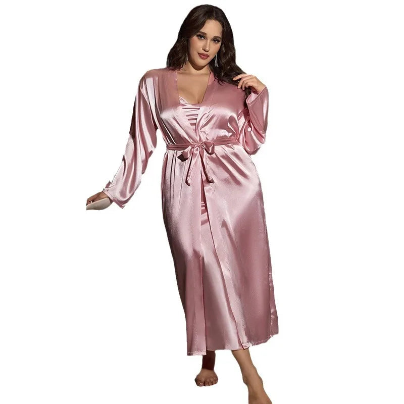 Big Size Women Nightwear Long Dress and Bathrobe Set for Ladies Pajamas Spring Summer Sexy Comfortable Home Wear Plus Size 2pcs