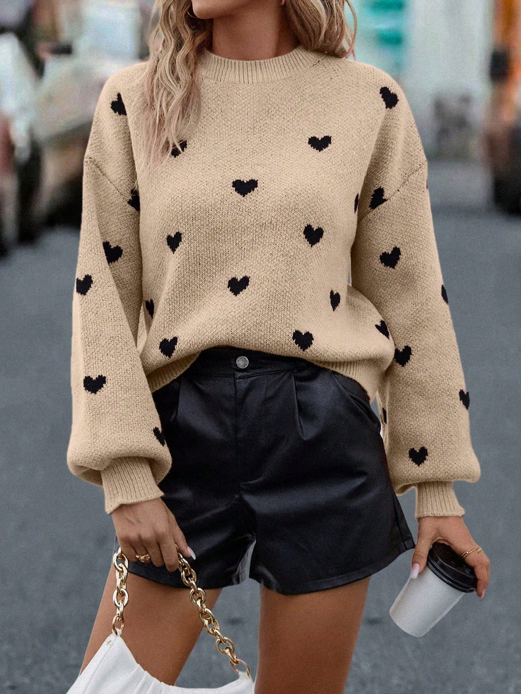 LUNE Heart Patterned Dropped Shoulder Casual Sweater, Autumn/Winter Knit Pullover Fall Outfit