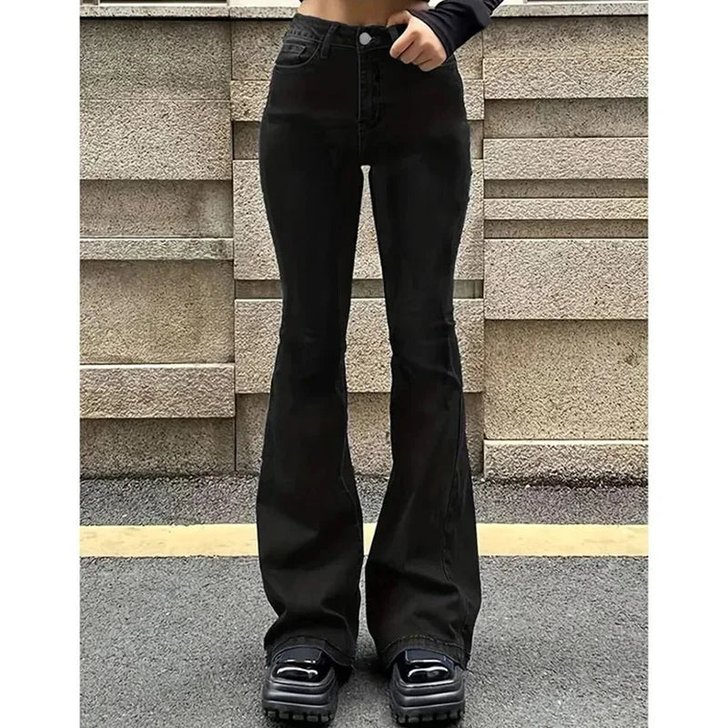 2025 Girls Concise Ins High Waist Flared Jeans Female Stretchy Bootcut Denim Pants Women Solid Color Thin Bell Bottoms Trousers