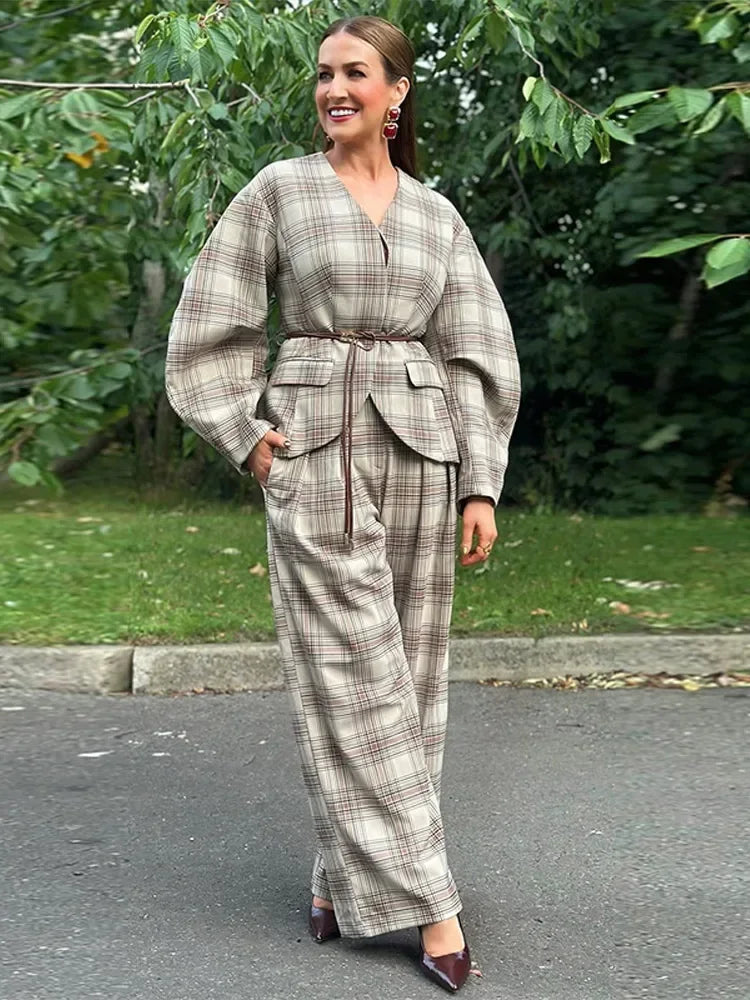 Fashion Plaid Jacket Trouser Suits Women V-neck Belt Long Puff Sleeve Coat Wide Leg Pants 2025 Autumn Chic Lady Two Piece Sets