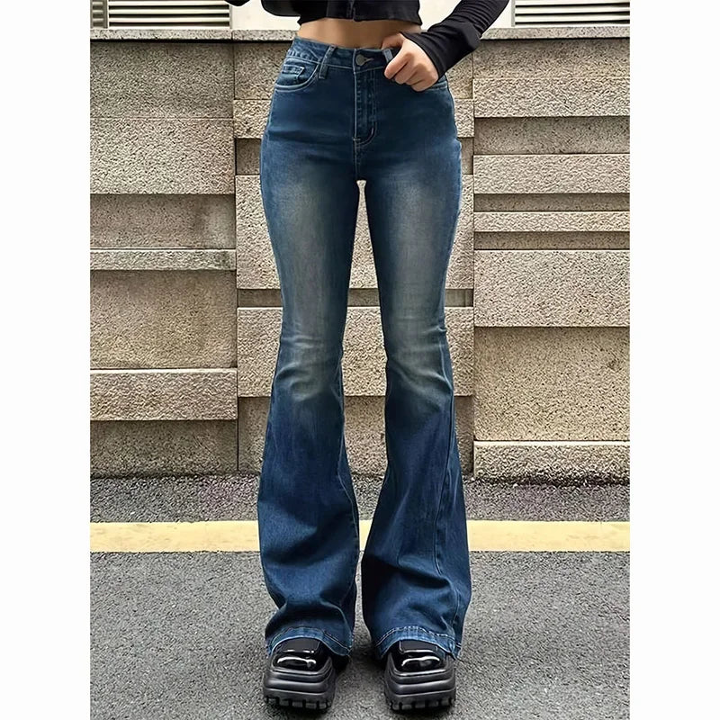 2025 Girls Concise Ins High Waist Flared Jeans Female Stretchy Bootcut Denim Pants Women Solid Color Thin Bell Bottoms Trousers