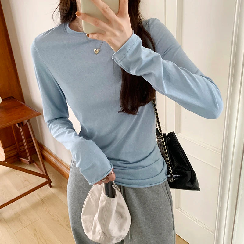 2025 Spring Autumn T shirt Women Tops Solid Slim Fit Long Sleeve O Neck Tshirts Female Casual Streetwear High Quality Base Tees