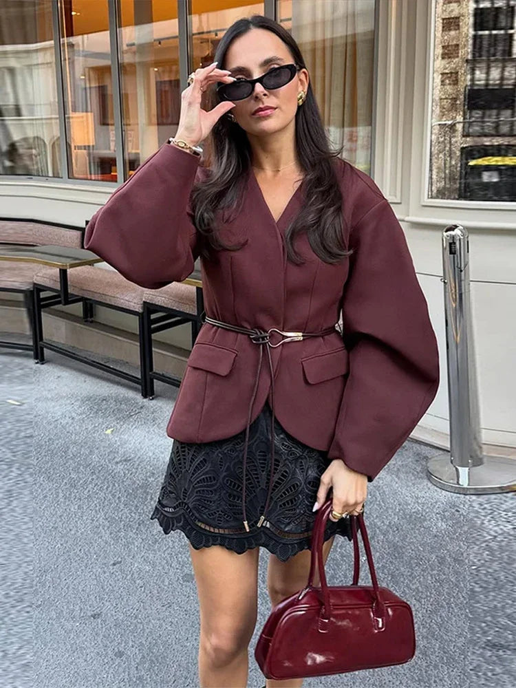 Fashion Plaid Jacket Trouser Suits Women V-neck Belt Long Puff Sleeve Coat Wide Leg Pants 2025 Autumn Chic Lady Two Piece Sets