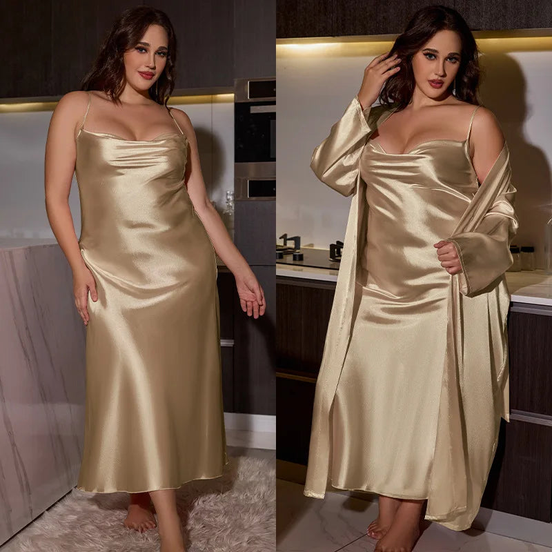 Big Size Women Nightwear Long Dress and Bathrobe Set for Ladies Pajamas Spring Summer Sexy Comfortable Home Wear Plus Size 2pcs