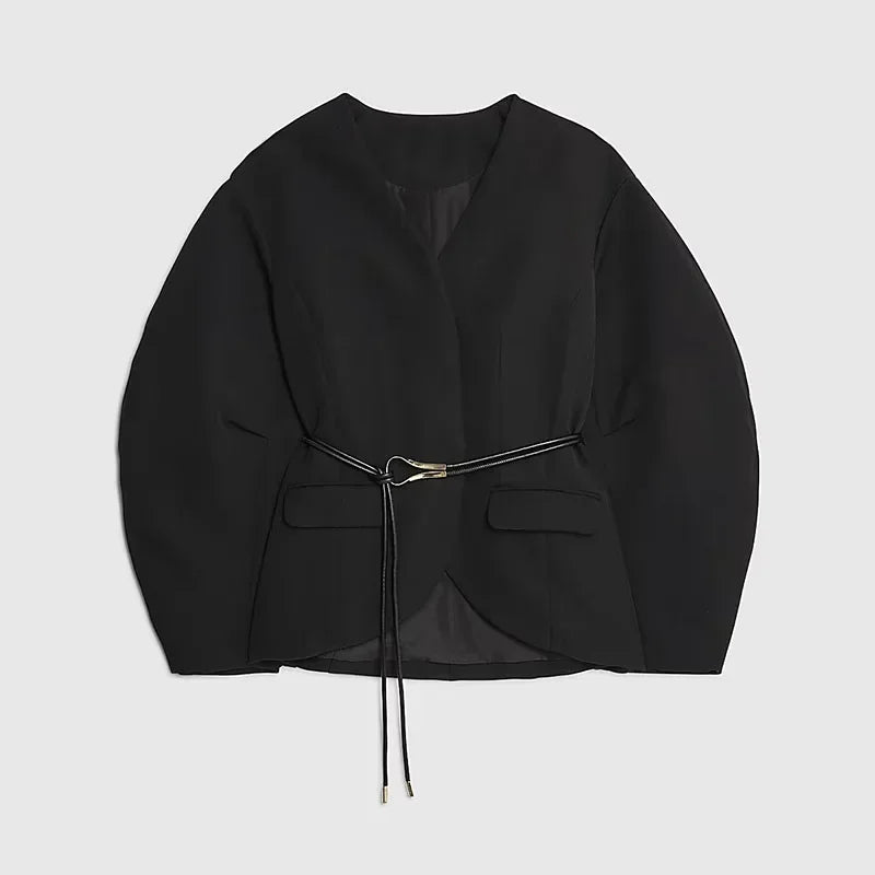 Fashion Plaid Jacket Trouser Suits Women V-neck Belt Long Puff Sleeve Coat Wide Leg Pants 2025 Autumn Chic Lady Two Piece Sets