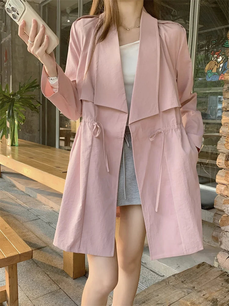 Plus Size Versatile Coat Women's Trench Coat 2025 Spring Autumn Elegant Korean Version Drawstring Casual Windbreaker Jacket
