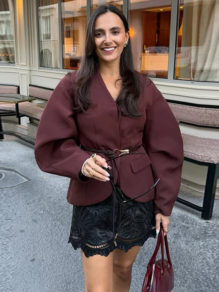 Fashion Plaid Jacket Trouser Suits Women V-neck Belt Long Puff Sleeve Coat Wide Leg Pants 2025 Autumn Chic Lady Two Piece Sets