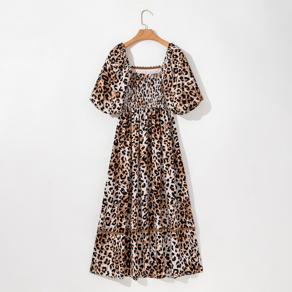 High Waist Dress Women'S Lantern Sleeve Printed Maxi Dress