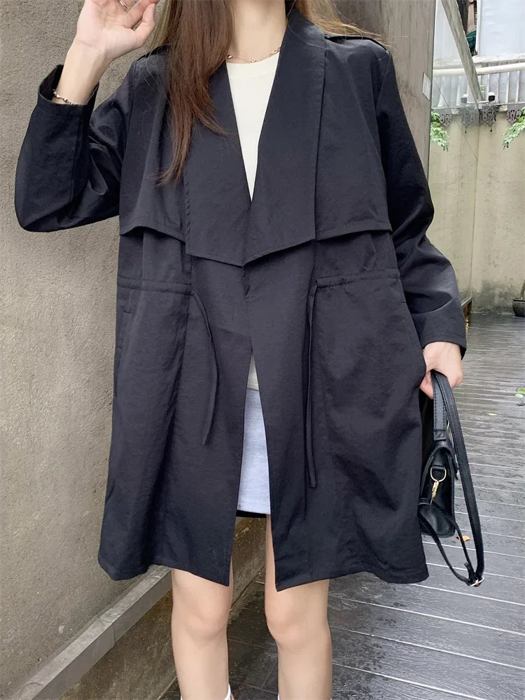 Plus Size Versatile Coat Women's Trench Coat 2025 Spring Autumn Elegant Korean Version Drawstring Casual Windbreaker Jacket