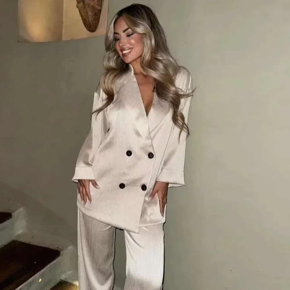 European and American Style 2024 Spring and Summer New Women's Clothing Wrinkle Effect Double Breasted Suit Jacket Pants Set