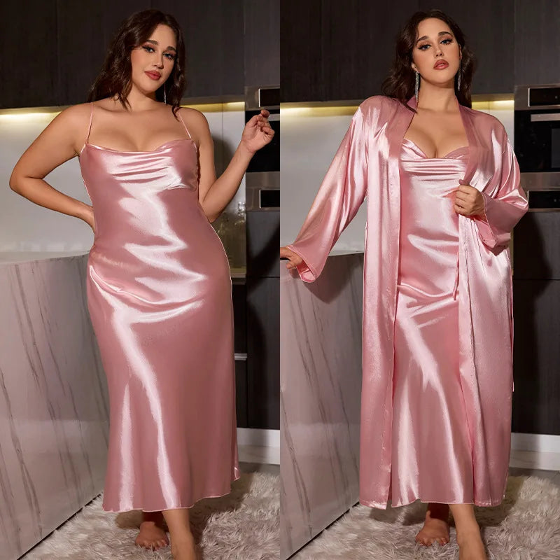 Big Size Women Nightwear Long Dress and Bathrobe Set for Ladies Pajamas Spring Summer Sexy Comfortable Home Wear Plus Size 2pcs